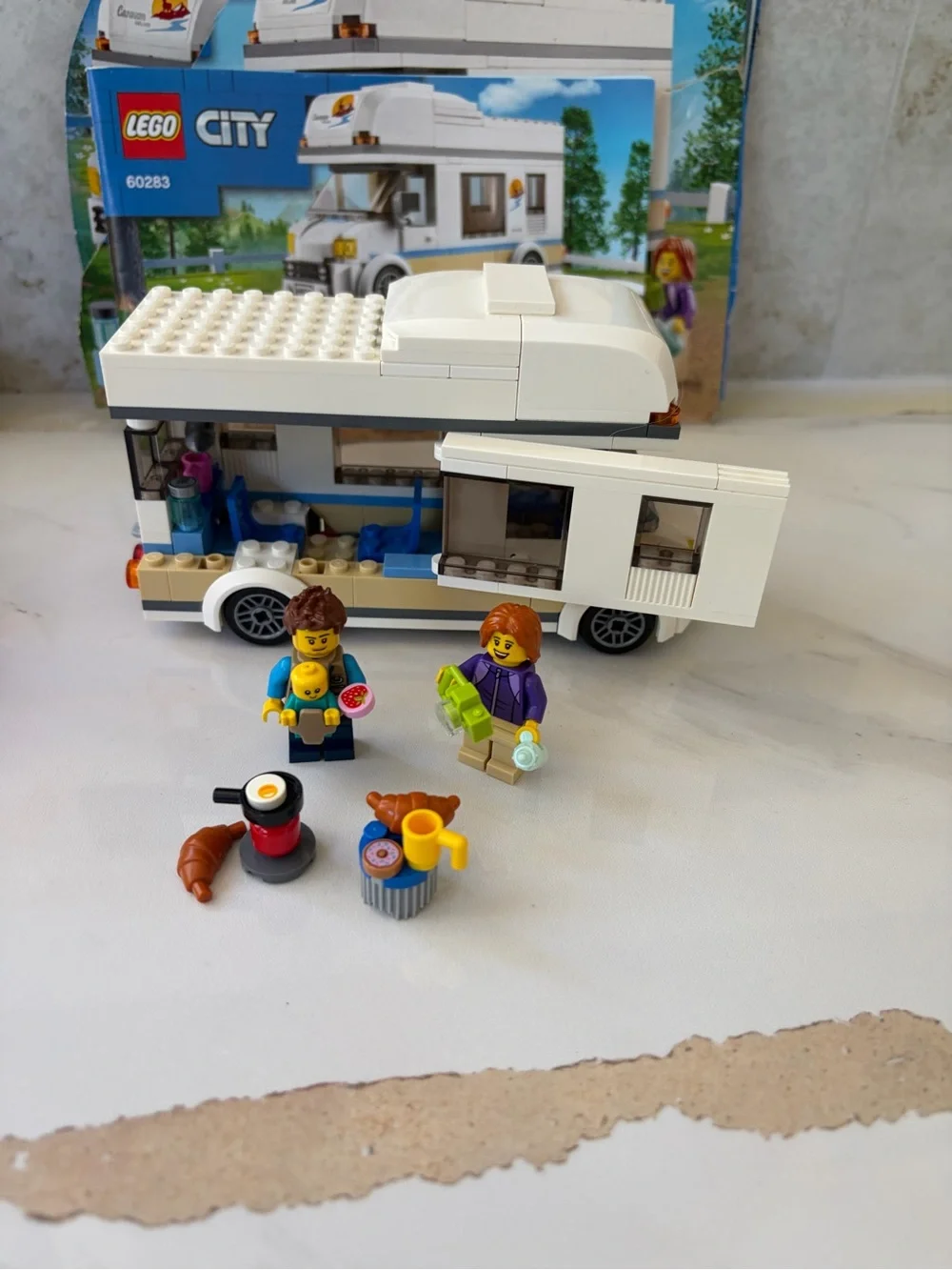 4 Lego Sets - Camper, Ice Cream Truck, Pizza Truck, Donut Stand